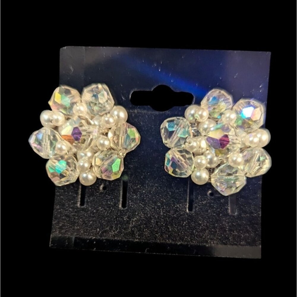 Vintage Aurora Borealis Crystal‎ Bead Clip Earrings sparkle marked Japan